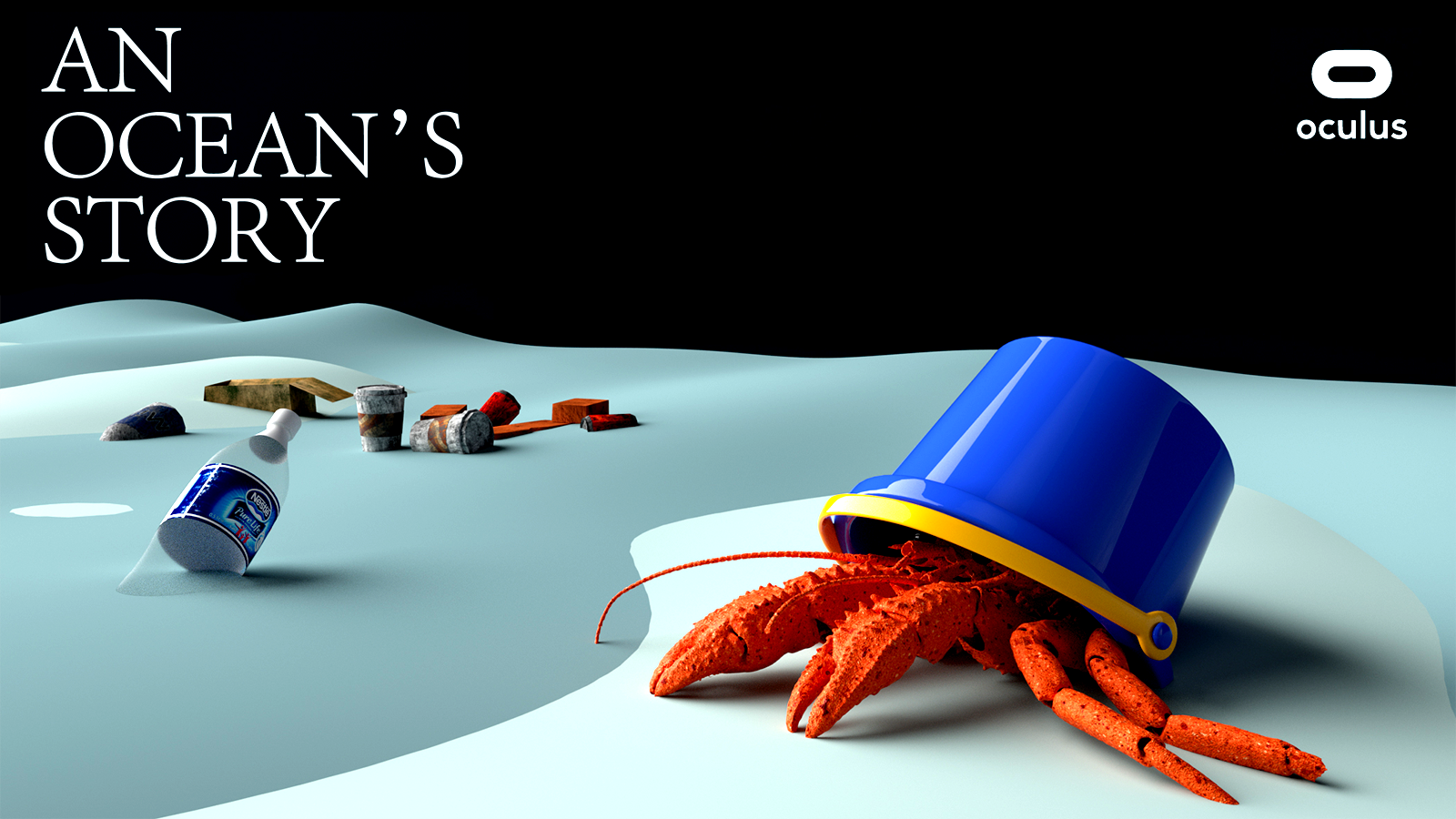 An Ocean Story cover image: hermit crab surrounded by trash