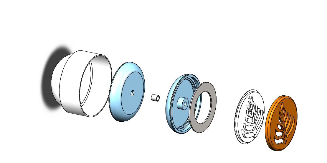 Exploded view of yoyo parts (cup, base piece, connector, shim, foam piece, coffee piece).