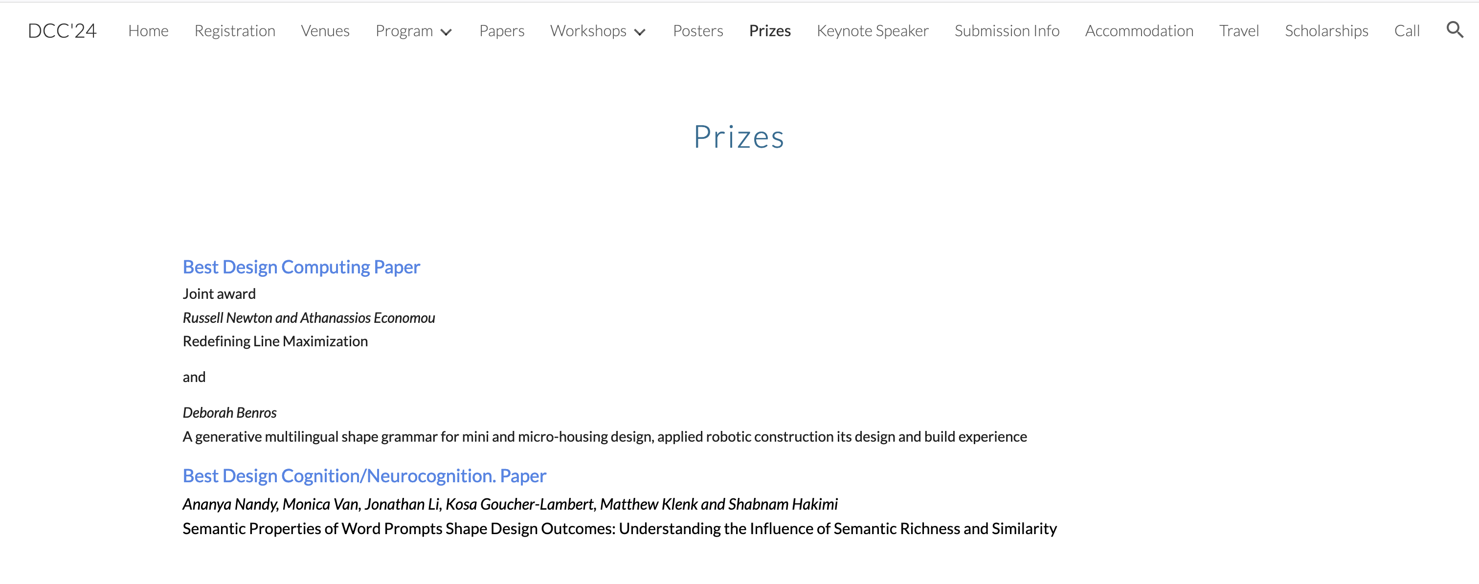 DCC website listing paper prizes with our paper under Design Cognition/Neurocognition Best Paper