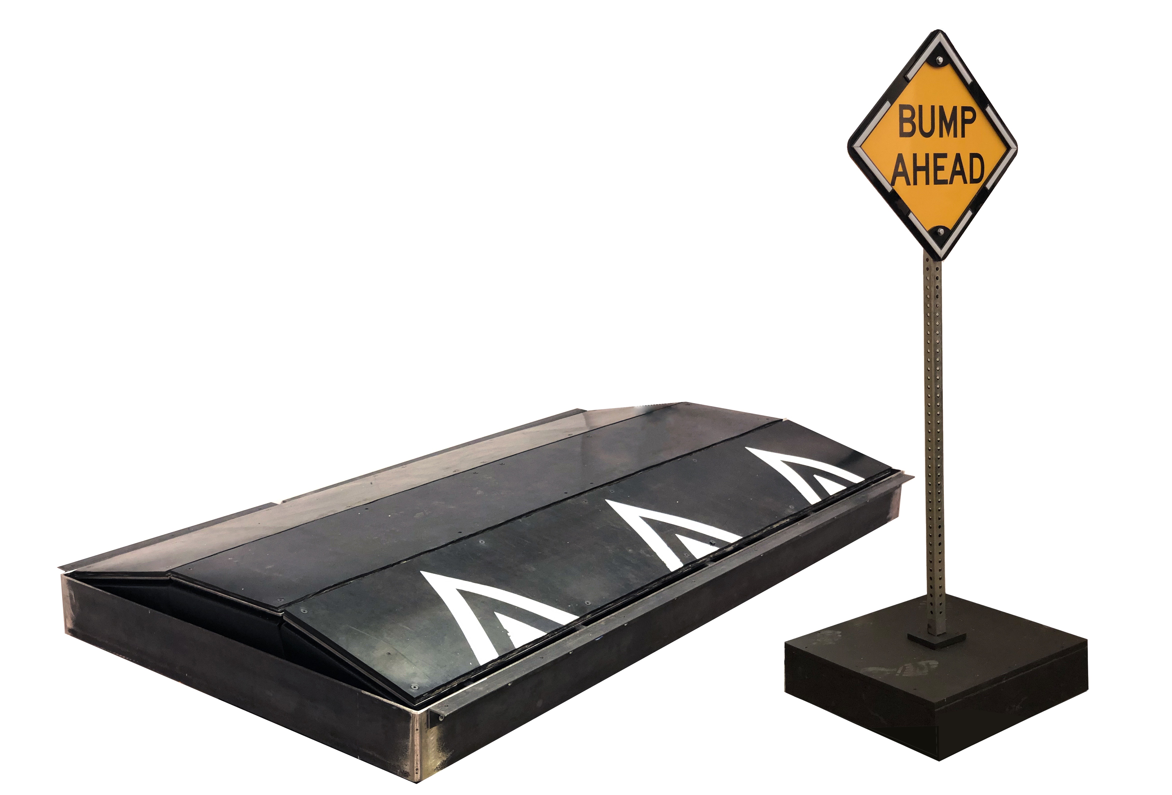 Product image of the entire speed bump including rubber cover with road markings and Bump Ahead sign with LEDs